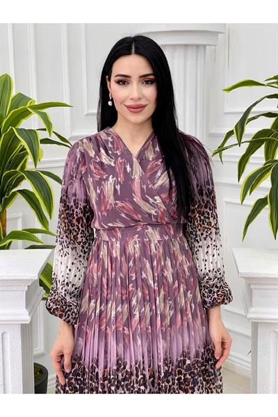 Sulu Desen Kruvaze Şifon Elbise 3889 Leylak