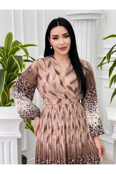 Sulu Desen Kruvaze Şifon Elbise 3889 Vizon
