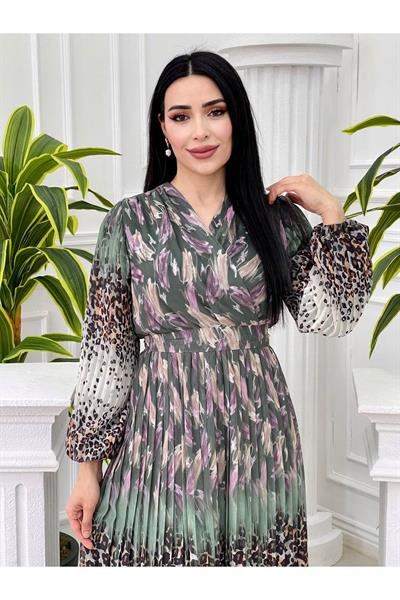 Sulu Desen Kruvaze Şifon Elbise 3889 Yeşil