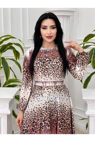 Sulu Desen Saten Elbise 4049 Kahverengi