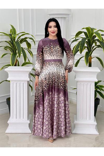 Sulu Desen Saten Elbise 4049 Leylak