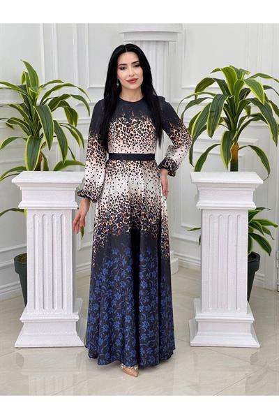 Sulu Desen Saten Elbise 4049 Saks