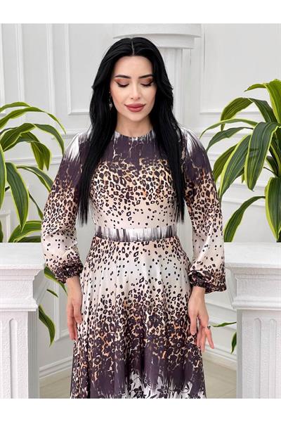 Sulu Desen Saten Elbise 4049 Siyah
