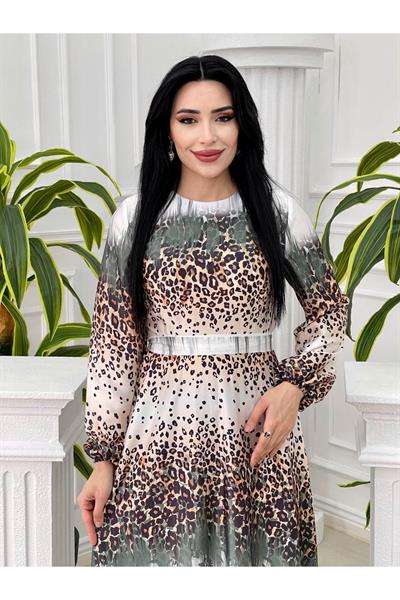 Sulu Desen Saten Elbise 4049 Yeşil