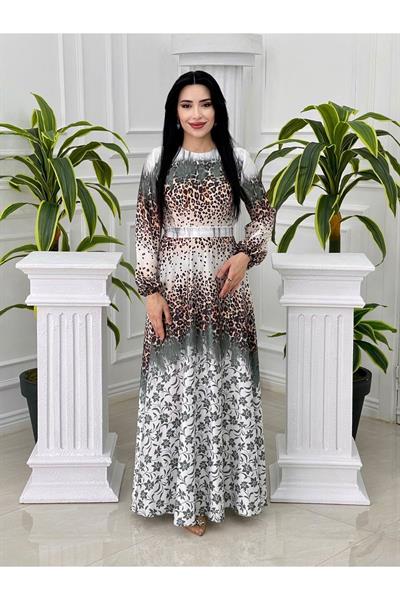Sulu Desen Saten Elbise 4049 Yeşil