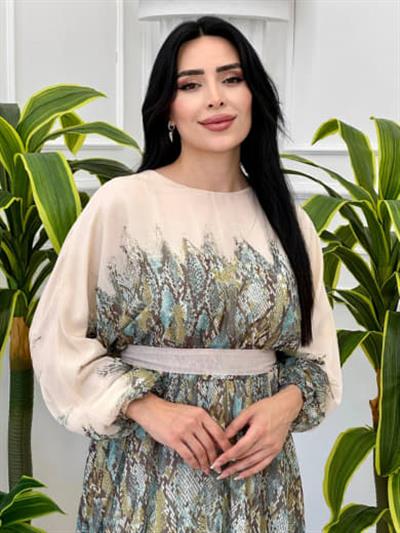 Sulu Desen Yarasa Kol Şifon Elbise 3982 t-24 Ekru