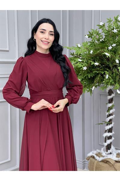 Tam Tur Şifon  Elbise 4105 Bordo