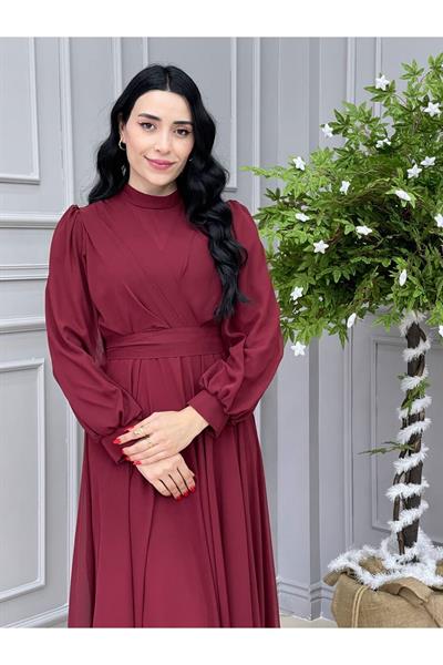 Tam Tur Şifon  Elbise 4105 Bordo
