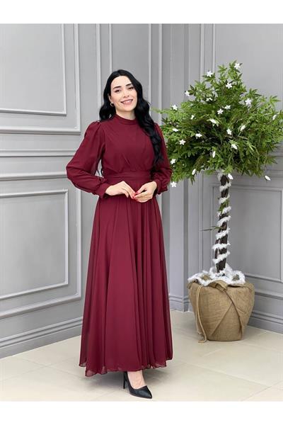 Tam Tur Şifon  Elbise 4105 Bordo