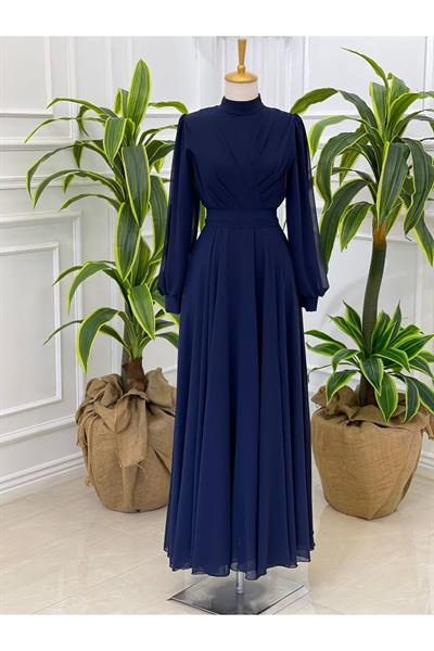 Tam Tur Şifon  Elbise 4105 Lacivert