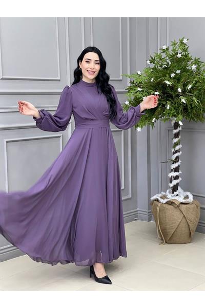 Tam Tur Şifon  Elbise 4105 Leylak