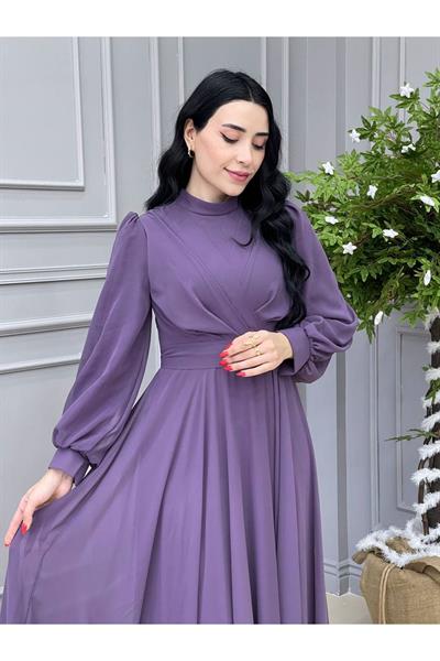Tam Tur Şifon  Elbise 4105 Leylak