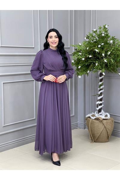 Tam Tur Şifon  Elbise 4105 Leylak