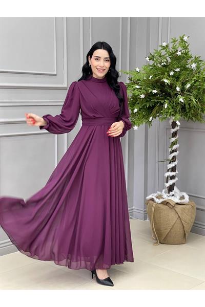 Tam Tur Şifon  Elbise 4105 Mürdüm