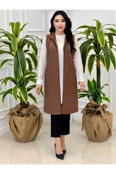Taş Bağcıklı Kapitone Yelek  843 Kahverengi