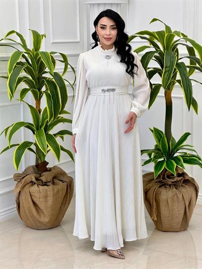 Taş Detay Fitilli Elbise 1665 t-024 Beyaz