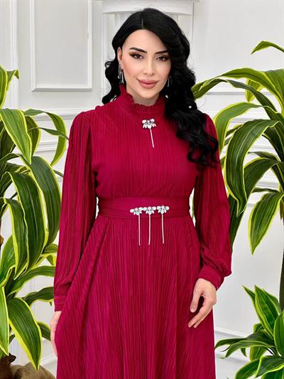 Taş Detay Fitilli Elbise 1665 t-024 Vişne