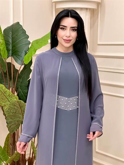 Taş Detay İkili Görünümlü Elbise 5369 T-24 Gri
