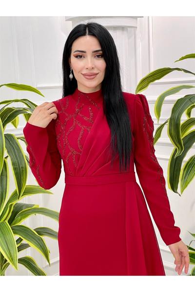 Taş Detay Krep Elbise 3791 Kırmızı