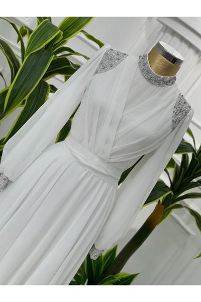 Taş Detay Şifon Elbise 4408 Beyaz