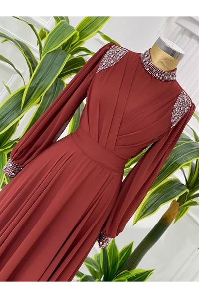 Taş Detay Şifon Elbise 4408 Kiremit