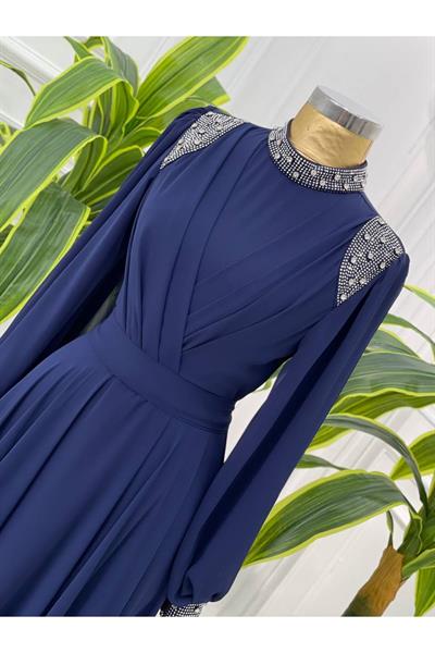 Taş Detay Şifon Elbise 4408 Lacivert