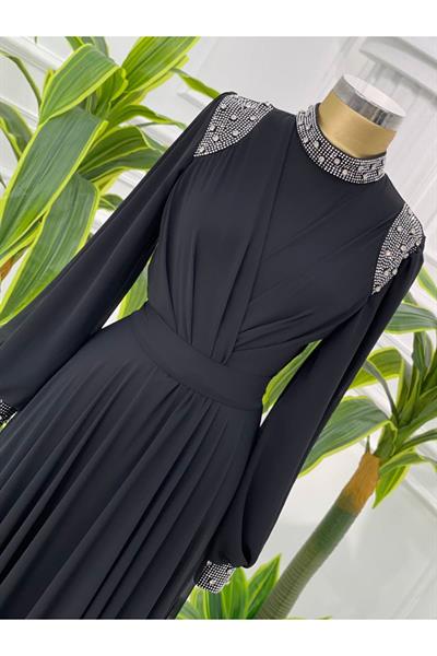 Taş Detay Şifon Elbise 4408 Siyah