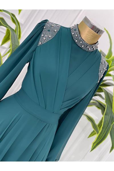 Taş Detay Şifon Elbise 4408 Yeşil