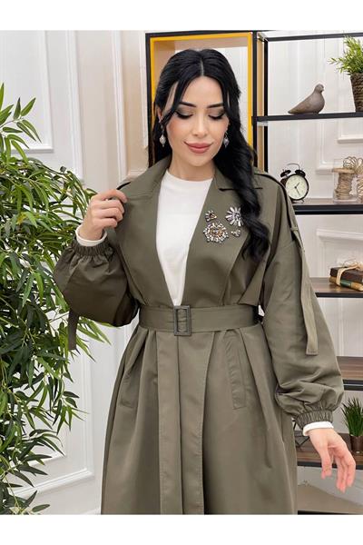 Taş Detay Trenchcoat Kap 15110 Haki