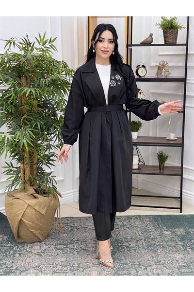 Taş Detay Trenchcoat Kap 15110 Siyah