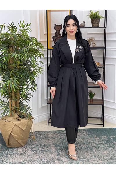 Taş Detay Trenchcoat Kap 15110 Siyah