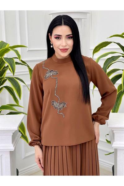 Taş İşleme Etekli Takım 7043 Kahverengi