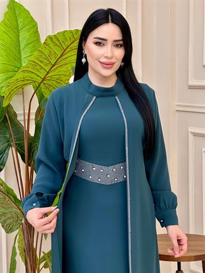 Taş İşleme İkili Görünümlü Elbise 1026 t0025 Zümrüt Yeşil