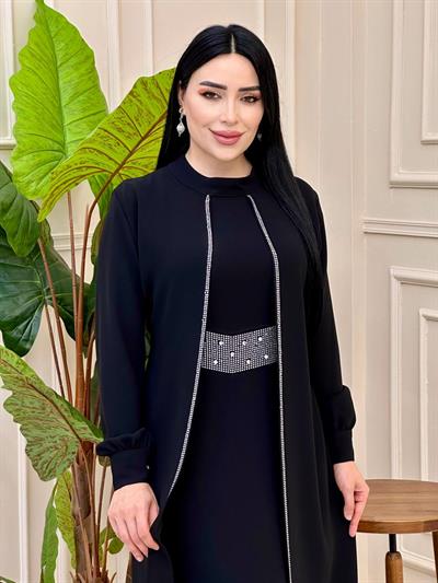 Taş İşleme İkili Görünümlü Elbise 1026 t0025 Siyah