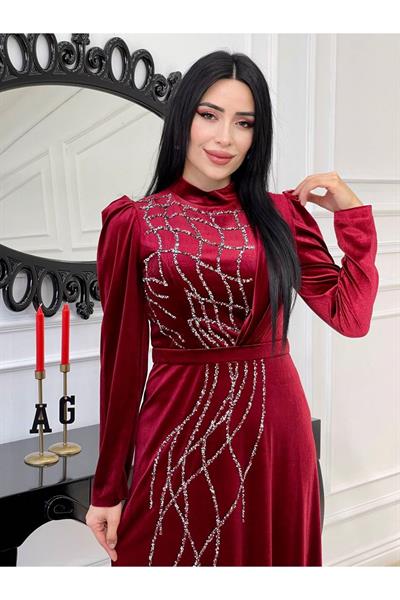 Taş İşleme Kadife Elbise 4256 Bordo