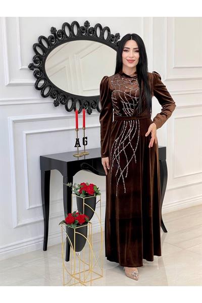 Taş İşleme Kadife Elbise 4256 Kahverengi