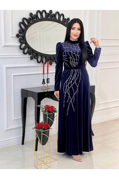 Taş İşleme Kadife Elbise 4256 Lacivert