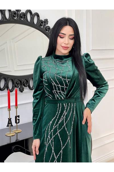 Taş İşleme Kadife Elbise 4256 Zümrüt Yeşil