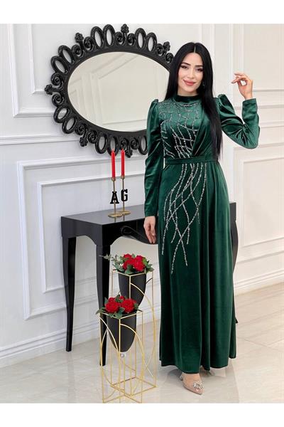 Taş İşleme Kadife Elbise 4256 Zümrüt Yeşil