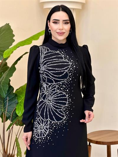 Taş İşleme Kalem Krep Elbise 4604 t-24 Siyah