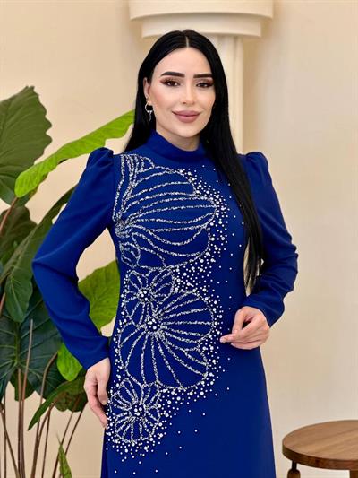 Taş İşleme Kalem Krep Elbise 4604 t-24 Saks