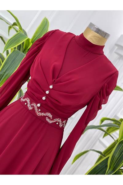 Taş İşleme Kemer Şifon Elbise 3622 Bordo