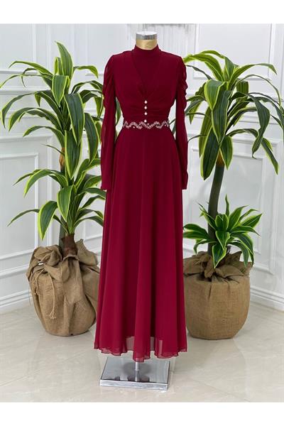 Taş İşleme Kemer Şifon Elbise 3622 Bordo