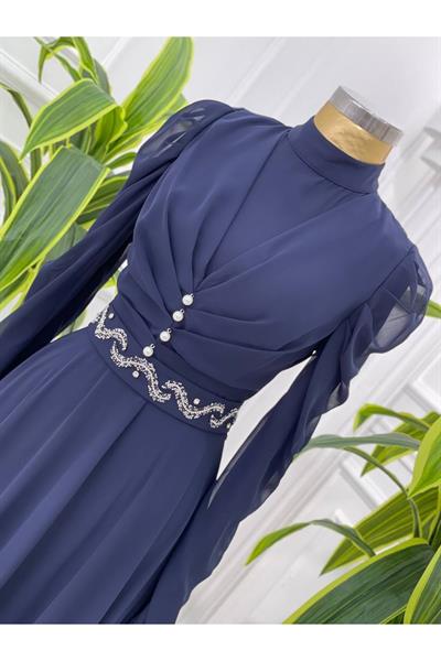 Taş İşleme Kemer Şifon Elbise 3622 Lacivert