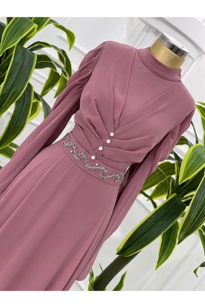 Taş İşleme Kemer Şifon Elbise 3622 Purdra