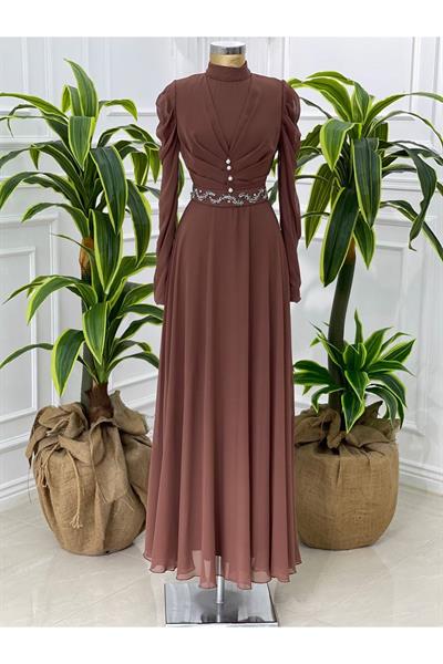 Taş İşleme Kemer Şifon Elbise 3622 Rose