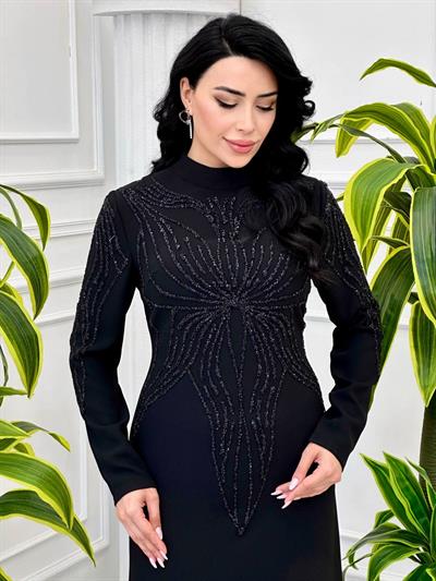 Taş İşleme Krep Elbise 24y006 T-24 Siyah