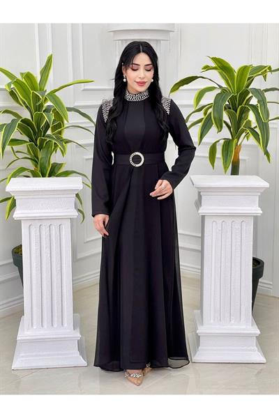 Taş İşleme Pelerin Abiye 3862 Siyah