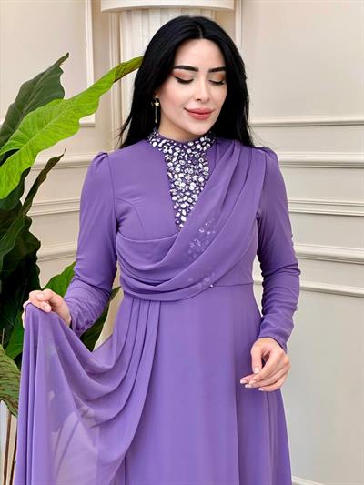 Taş İşleme Şifon Elbise 0655 t-24 Lila