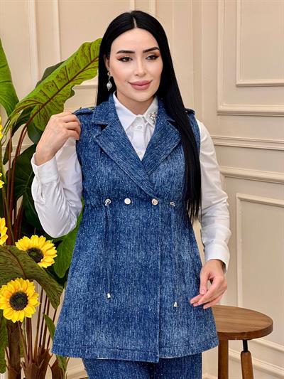 Taş İşleme Yelekli Kot Takım 5502 Koyu Kot